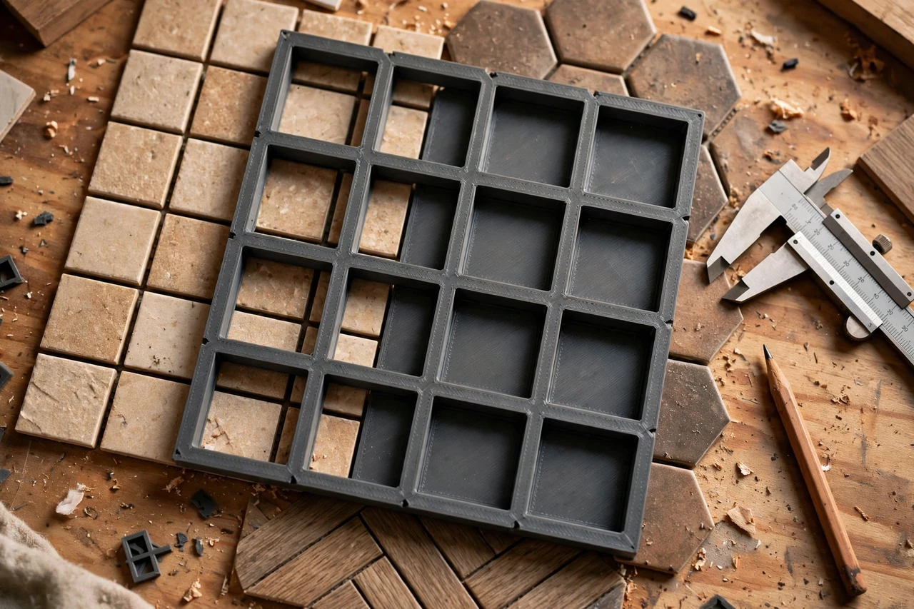 Close-up top-down view of a matte charcoal-gray 3D printed floor tile grid layout template being test-fitted against floor tiles and room layouts on a workbench, calipers and a pencil nearby, warm workshop lighting