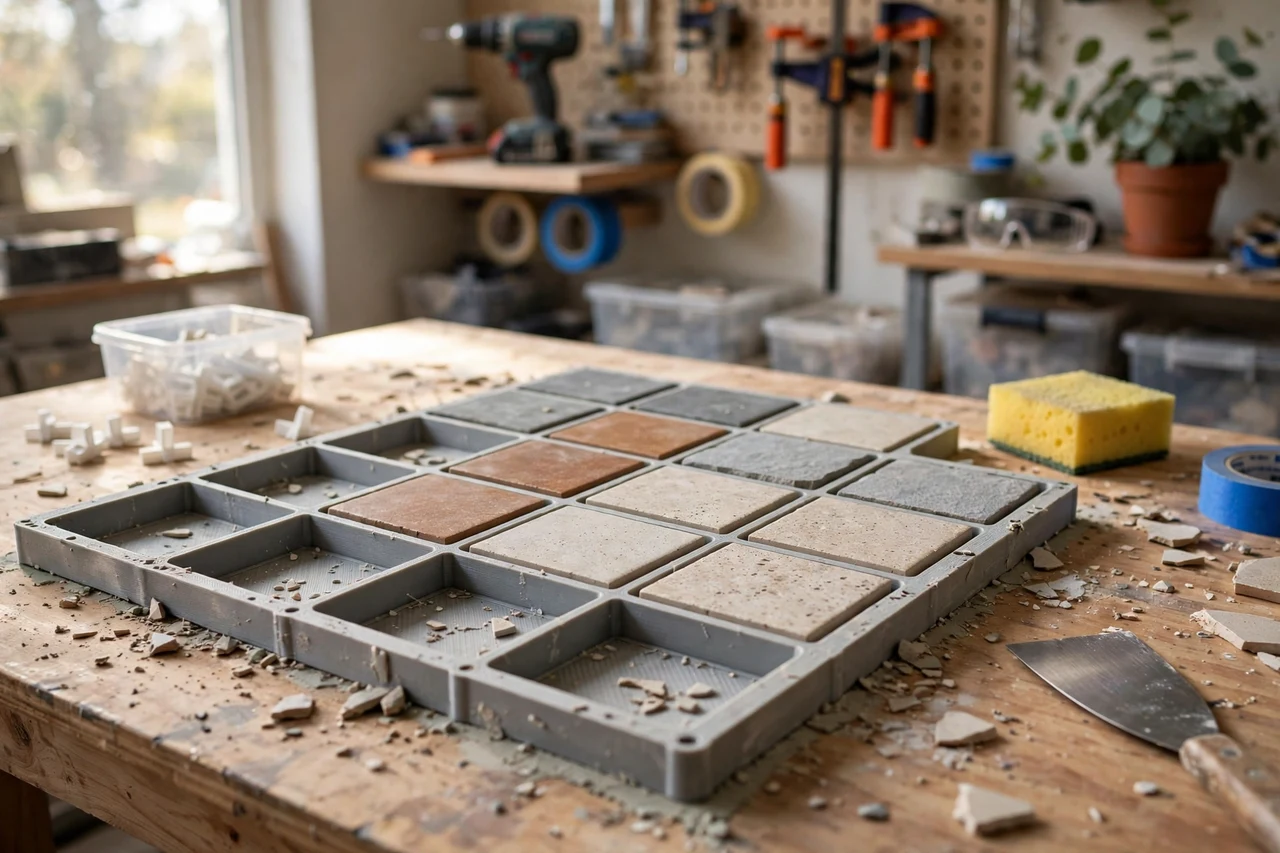 View of the finished 3D printed floor tile grid layout template in use on a home repair project on a workbench, tidy workshop background in soft focus, bright natural light