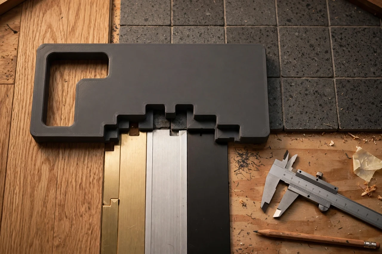 Close-up top-down view of a matte charcoal-gray 3D printed floor transition measuring tool being test-fitted against floor transition strips and two floor surfaces on a workbench, calipers and a pencil nearby, warm workshop lighting