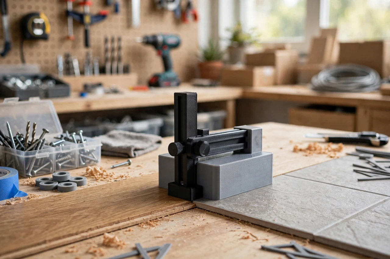 View of the finished 3D printed floor transition measuring tool in use on a home improvement project on a workbench, tidy workshop background in soft focus, bright natural light