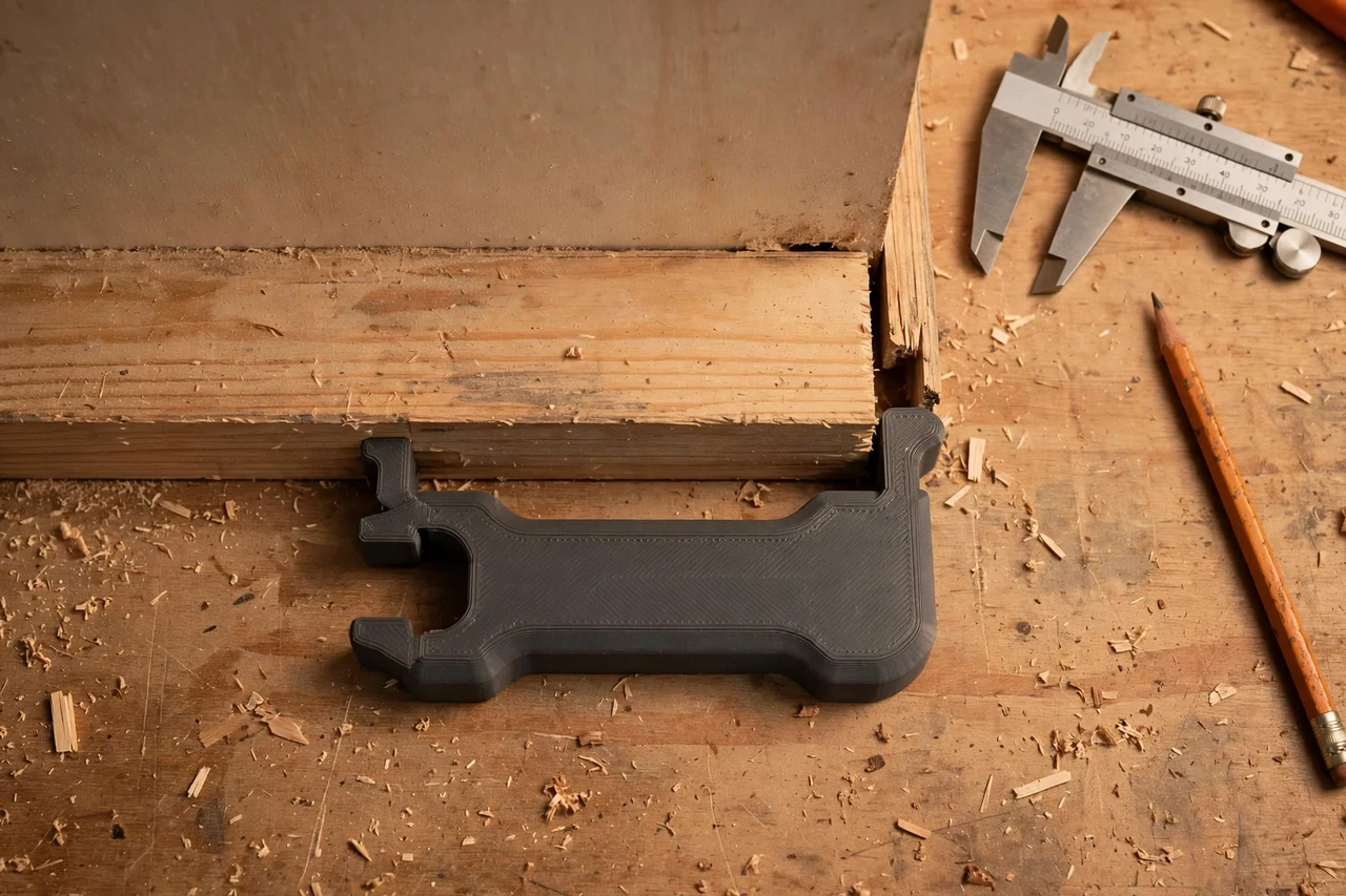 Close-up top-down view of a matte charcoal-gray 3D printed floorboard gap closing pull bar grip being test-fitted against a floorboard with a gap at its wall end on a workbench, calipers and a pencil nearby, warm workshop lighting