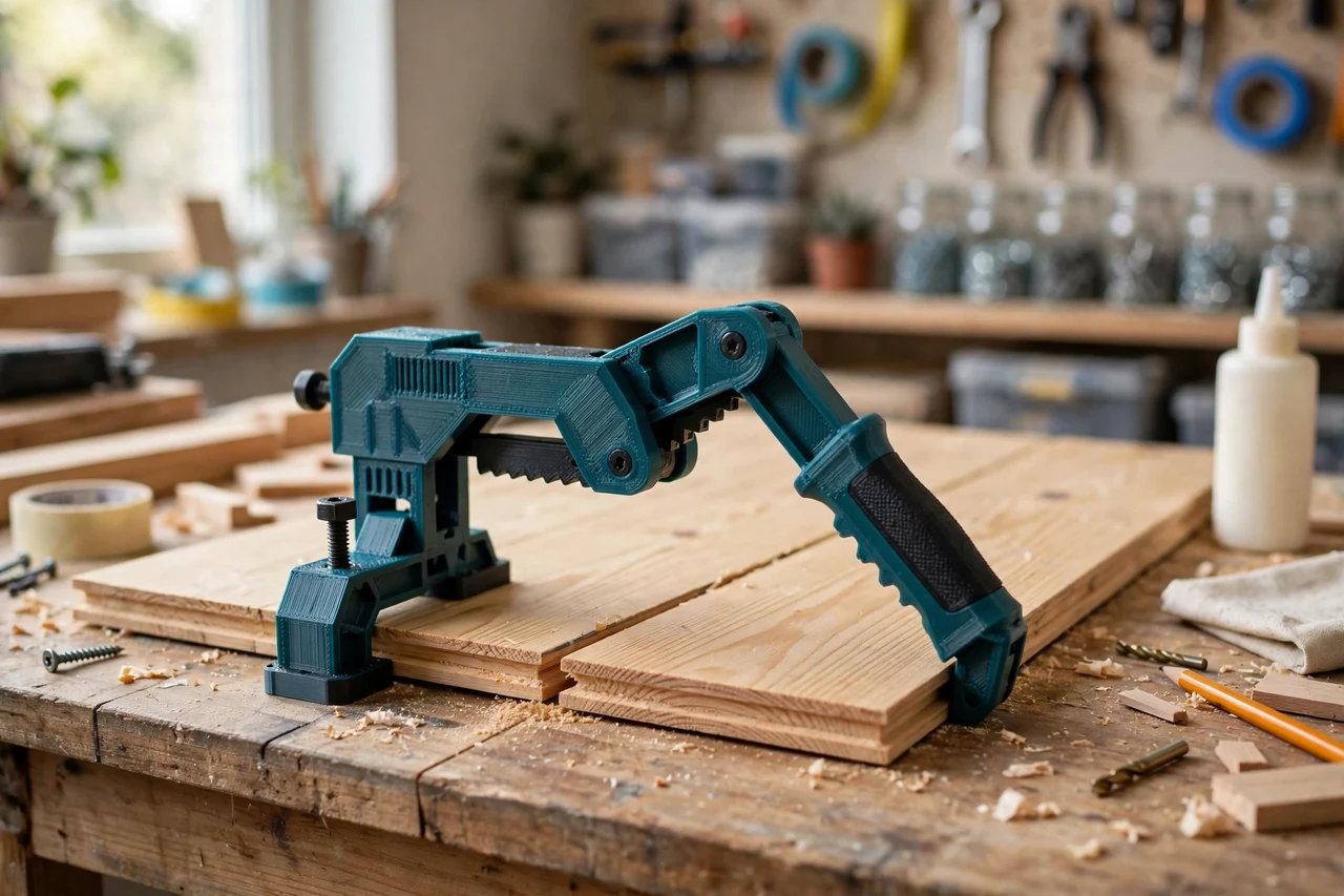 View of the finished 3D printed floorboard gap closing pull bar grip in use on a home repair project on a workbench, tidy workshop background in soft focus, bright natural light