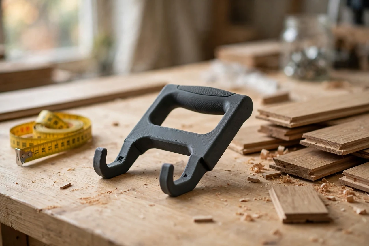 Home workshop scene on a light oak workbench, a matte charcoal-gray 3D printed floorboard gap closing pull bar grip beside floorboard offcuts and a measuring tape, soft natural window light, shallow depth of field