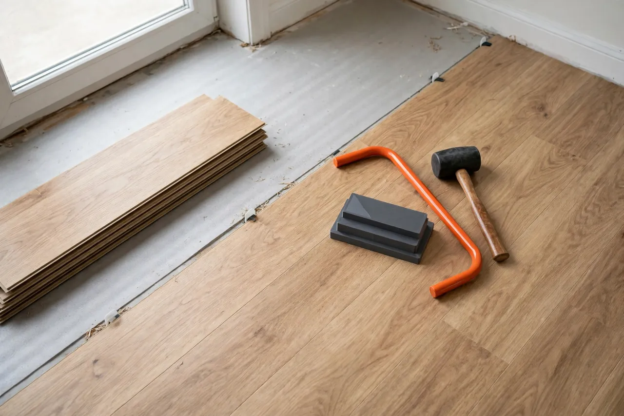 A bright room scene with fresh laminate flooring partly laid