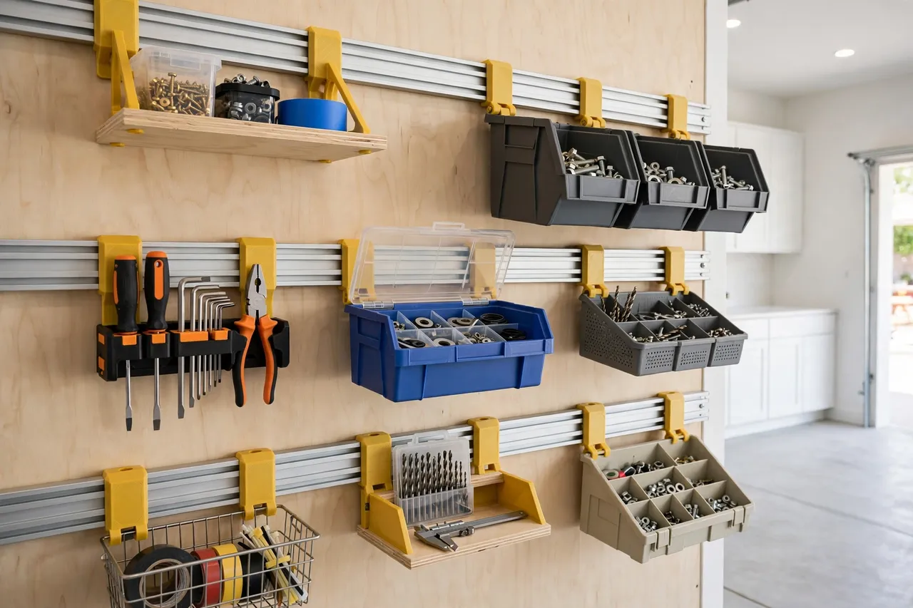 A tidy workshop wall where shelves, bins, and tool holders from different cleat systems all hang from one set of wall rails through matching 3D
