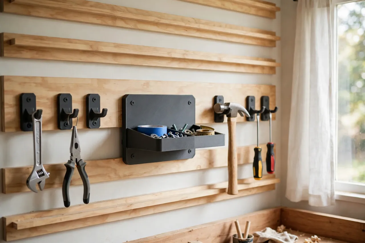 A bright home workshop wall with horizontal wooden French cleat rails