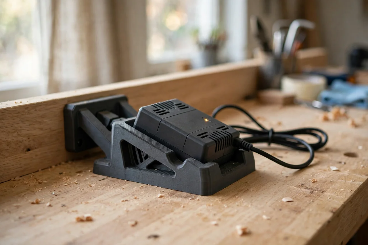 Home workshop scene on a light oak workbench, a matte charcoal-gray 3D printed french cleat battery charger dock holding a battery charger, soft natural window light, shallow depth of field