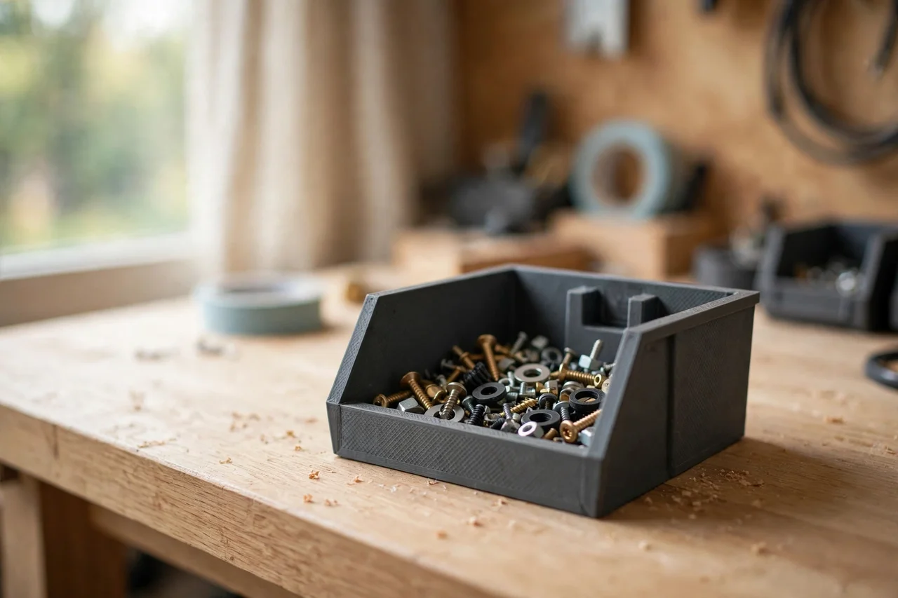 Home workshop scene on a light oak workbench, a matte charcoal-gray 3D printed french cleat small parts bin holding small workshop parts, soft natural window light, shallow depth of field