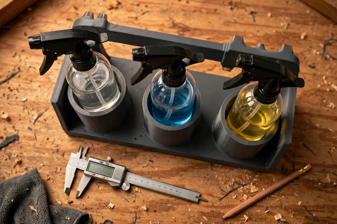 Close-up top-down view of a matte charcoal-gray 3D printed french cleat spray bottle holder being test-fitted with spray bottles on a workbench, calipers and a pencil nearby, warm workshop lighting