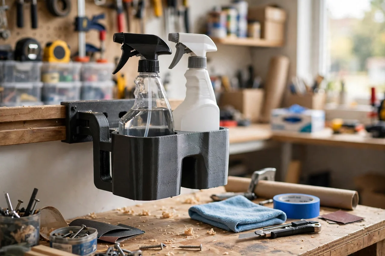 View of the finished 3D printed french cleat spray bottle holder in use during a home repair tidy-up on a workbench, tidy workshop background in soft focus, bright natural light