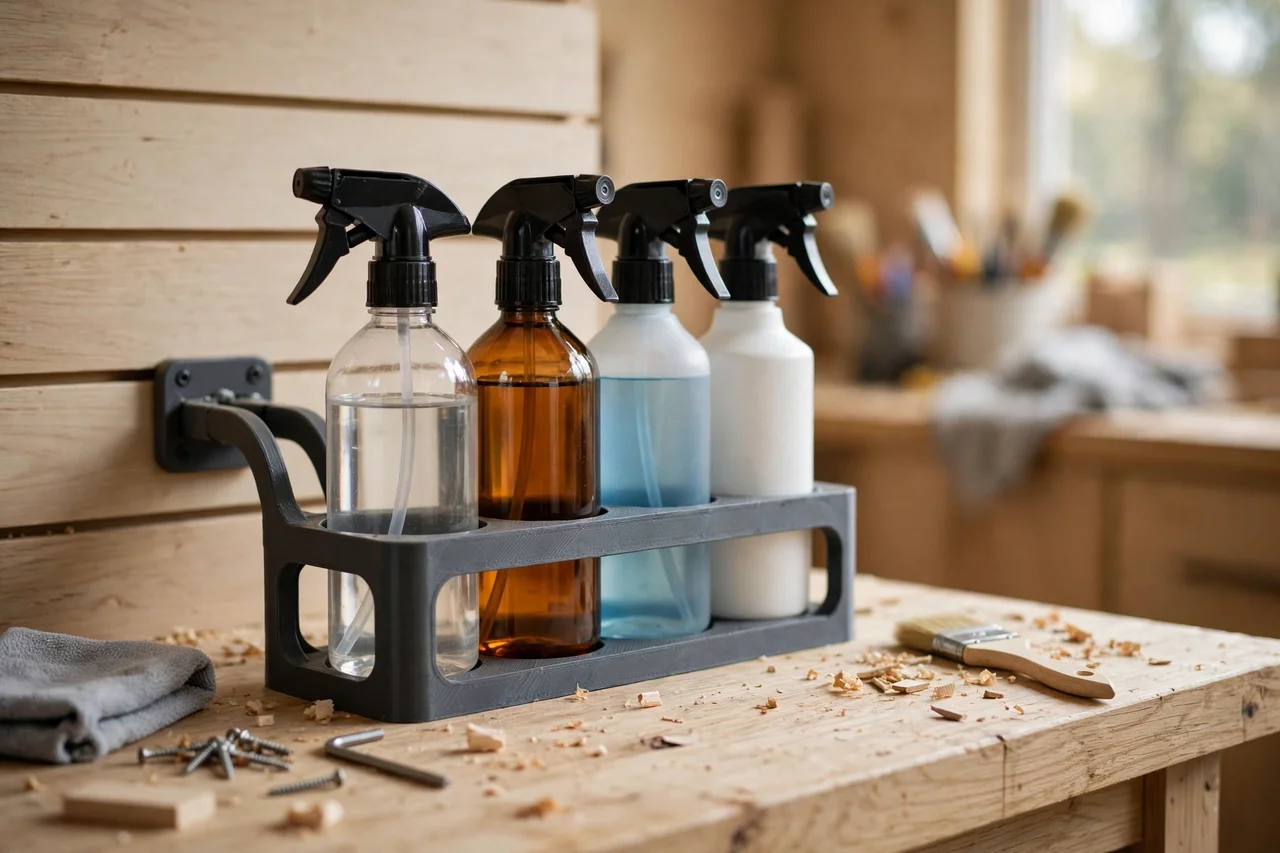 Home workshop scene on a light oak workbench, a matte charcoal-gray 3D printed french cleat spray bottle holder holding spray bottles, soft natural window light, shallow depth of field