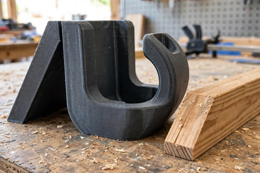 Close-up of a single 3D printed French cleat tool holder on a workbench showing its angled 45-degree cleat back