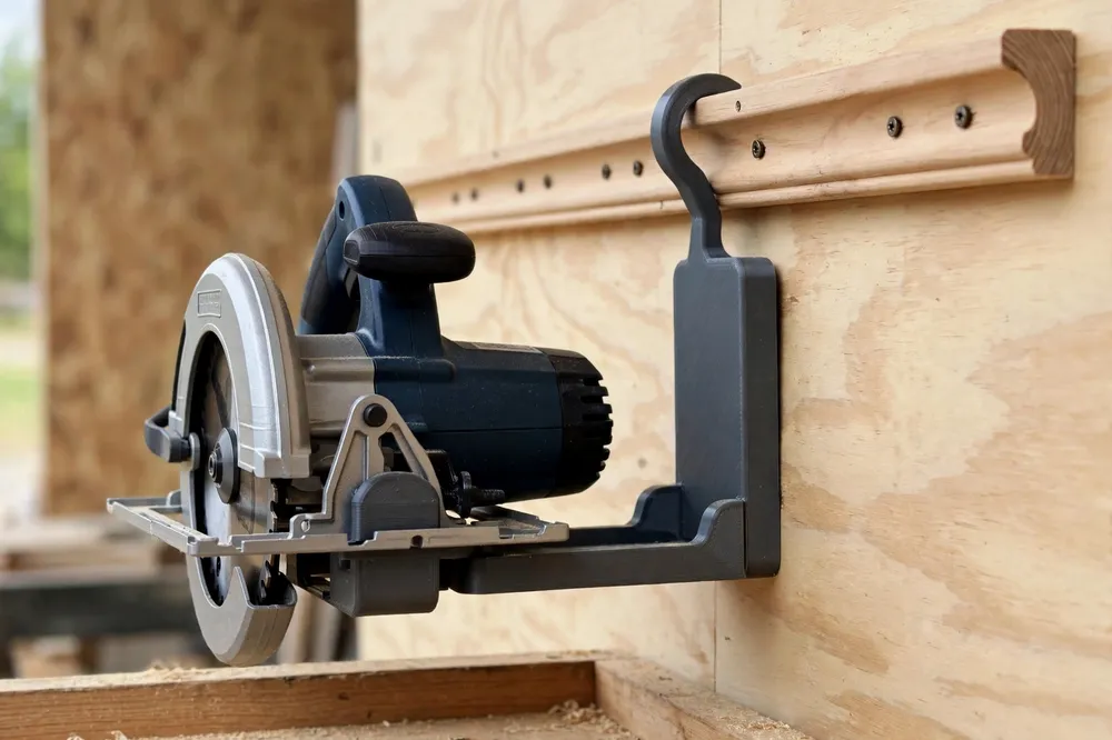 Side view of a printed holder hanging on a French cleat wall rail holding a circular saw by its base plate