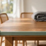 A bright dining room scene with a medium oak dining table