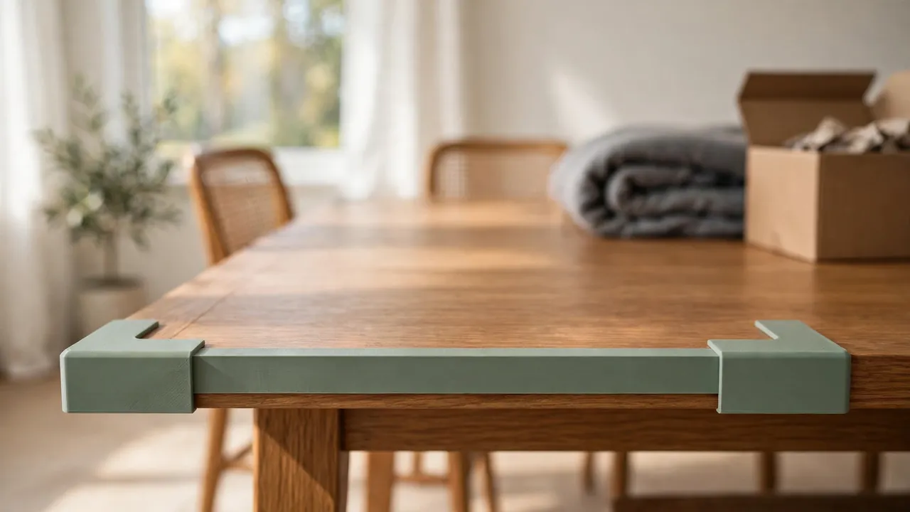 A bright dining room scene with a medium oak dining table