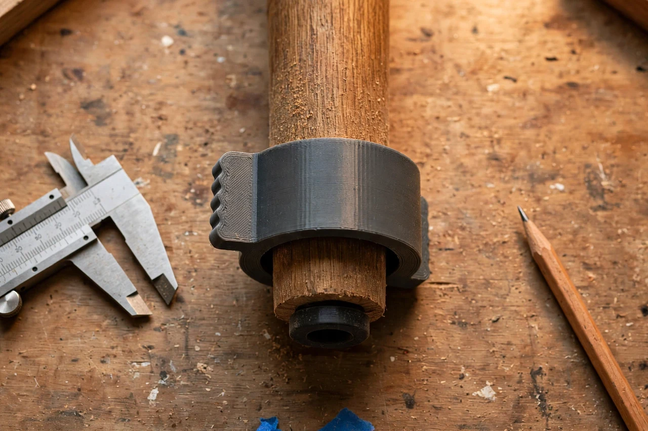 Close-up top-down view of a matte charcoal-gray 3D printed furniture glide installer tool being test-fitted against a furniture glide on a chair leg on a workbench, calipers and a pencil nearby, warm workshop lighting