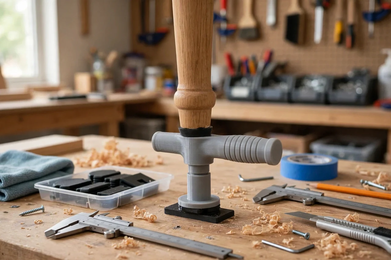 View of the finished 3D printed furniture glide installer tool in use on a home repair project on a workbench, tidy workshop background in soft focus, bright natural light