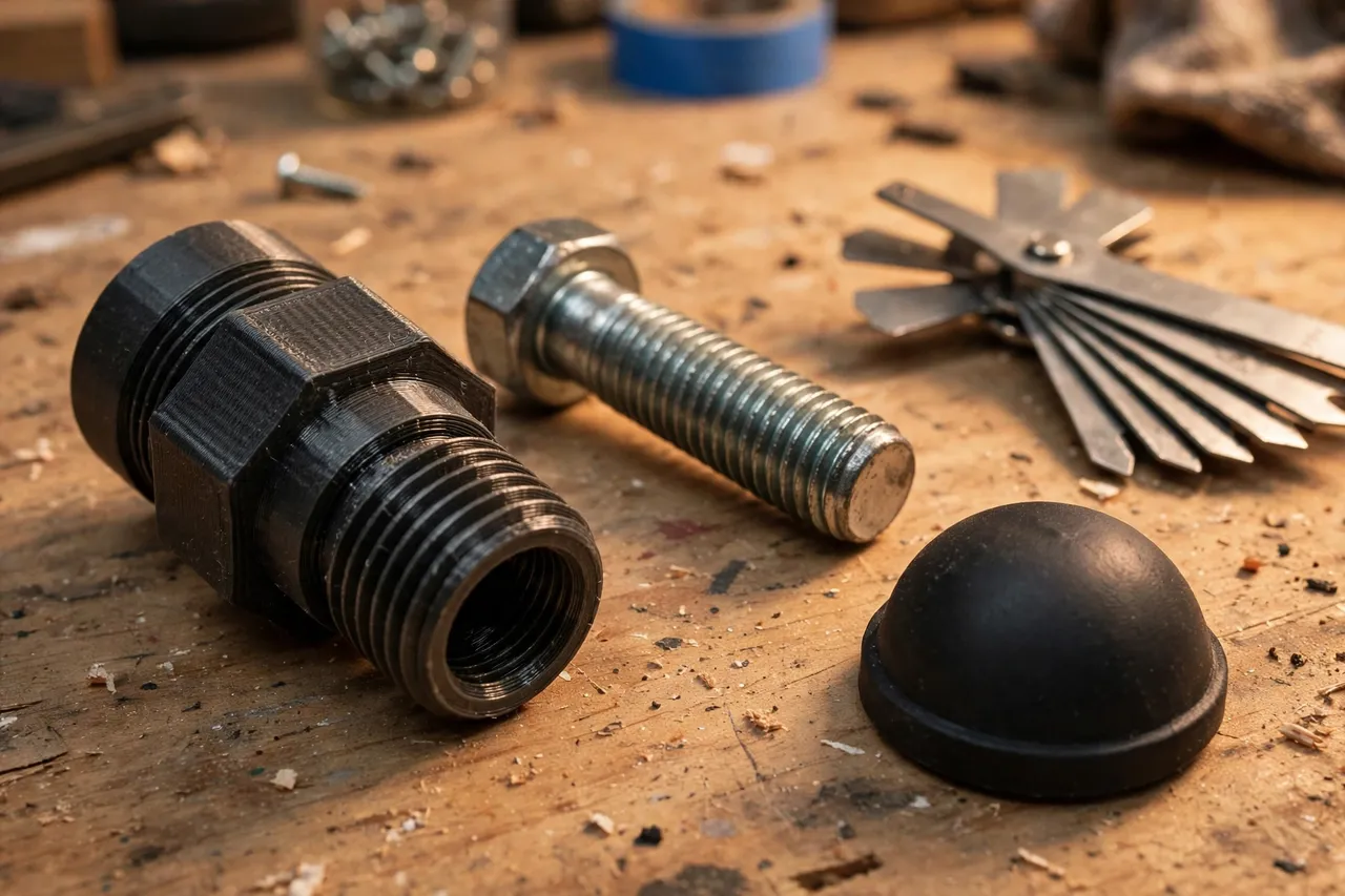 Close-up of a 3D printed threaded adapter beside a furniture leg stud and a replacement foot on a workbench, thread gauge nearby, warm lighting