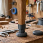 A bright home workshop scene, a matte dark-gray 3D printed thread adapter joining a wooden furniture leg to a new round glide foot