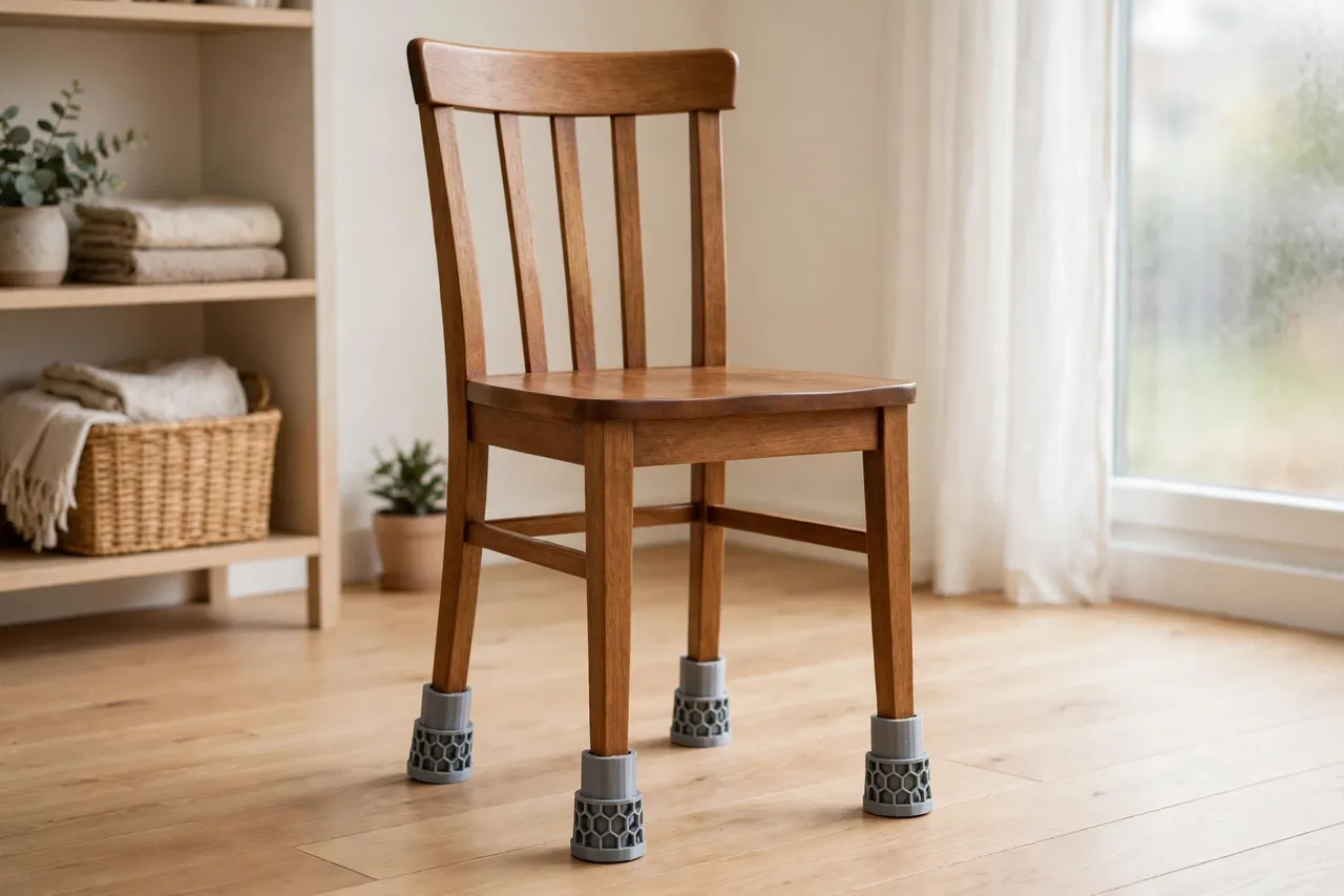 A finished chair standing level on a wooden floor with new feet fitted through printed adapters, tidy room, bright light