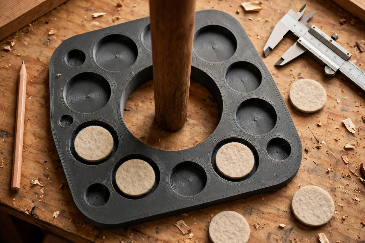 Close-up top-down view of a matte charcoal-gray 3D printed furniture pad placement template being test-fitted against furniture pads and a chair leg on a workbench, calipers and a pencil nearby, warm workshop lighting