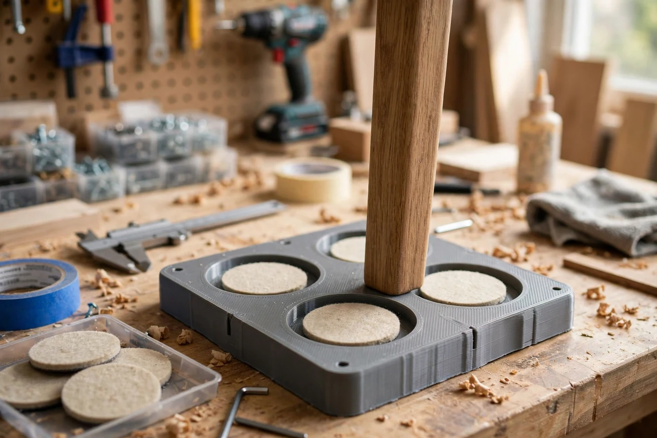 View of the finished 3D printed furniture pad placement template in use on a home improvement project on a workbench, tidy workshop background in soft focus, bright natural light