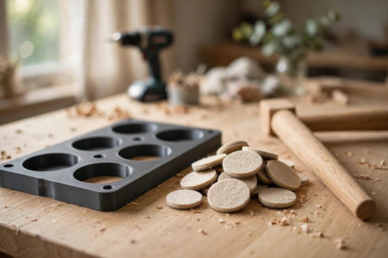 Home workshop scene on a light oak workbench, a matte charcoal-gray 3D printed furniture pad placement template beside furniture pads and a chair leg, soft natural window light, shallow depth of field