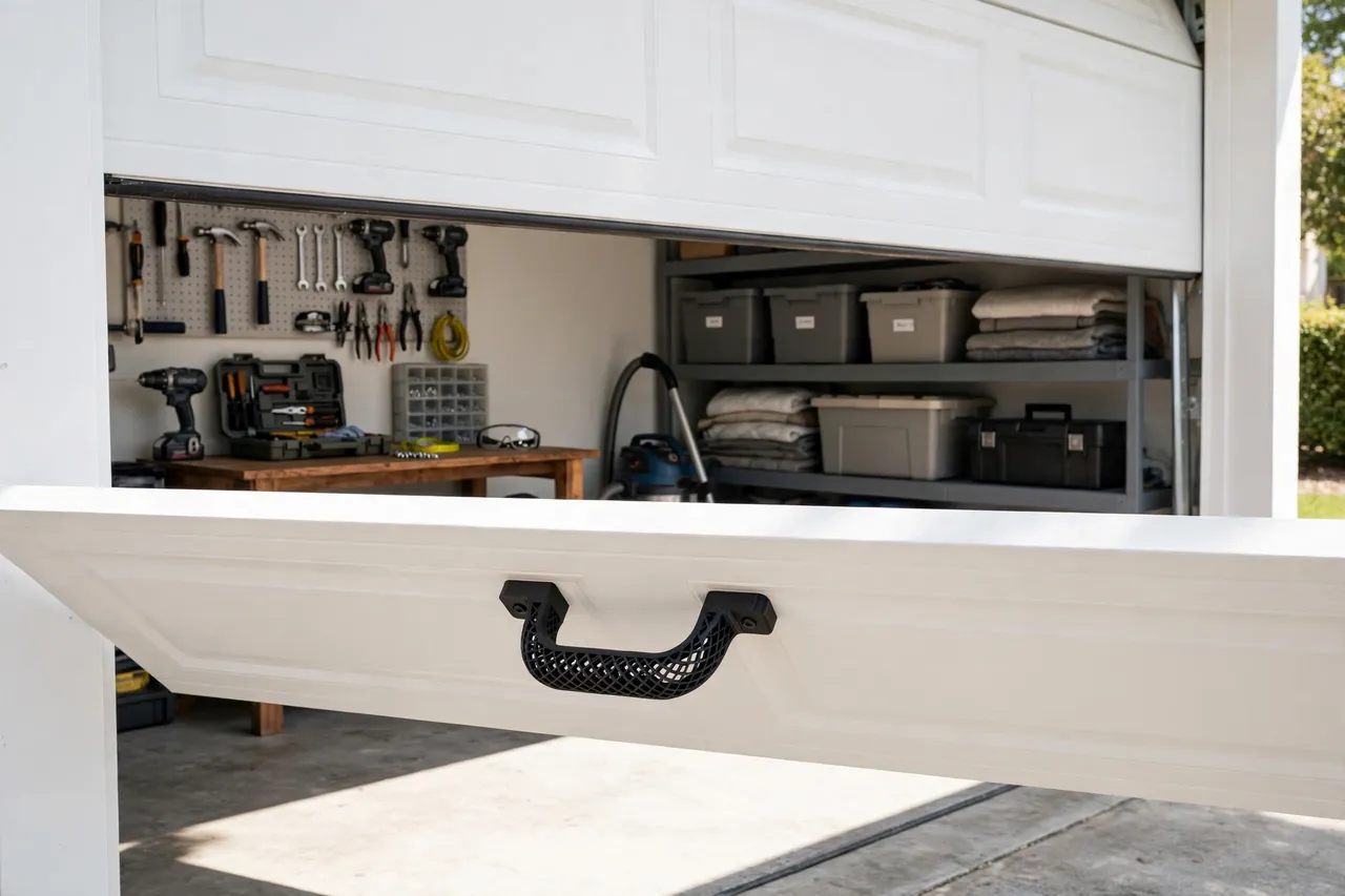 A finished garage door with the new printed pull handle fitted and the door slightly ajar, a tidy garage interior visible, bright daylight