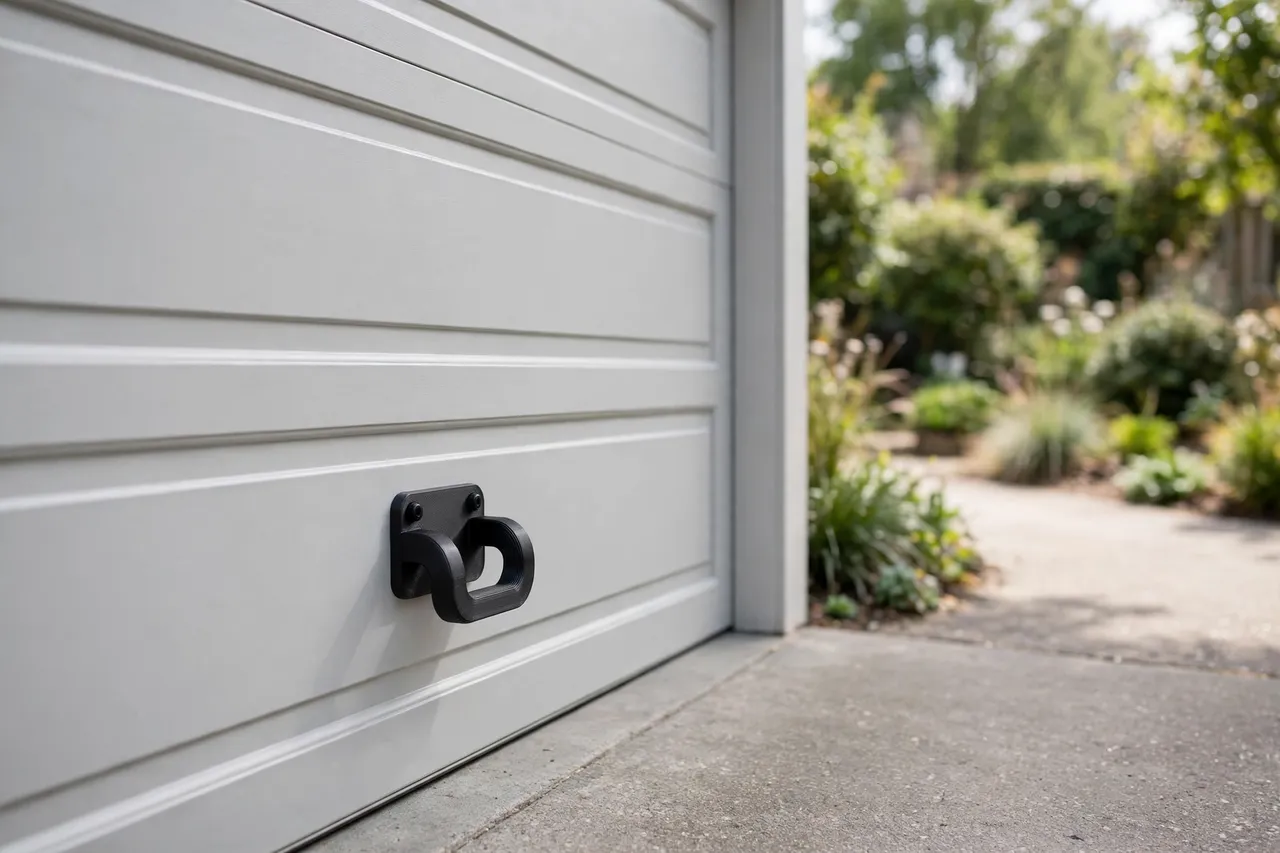 A garage door exterior scene, a matte black 3D printed pull handle mounted on a light gray sectional garage door
