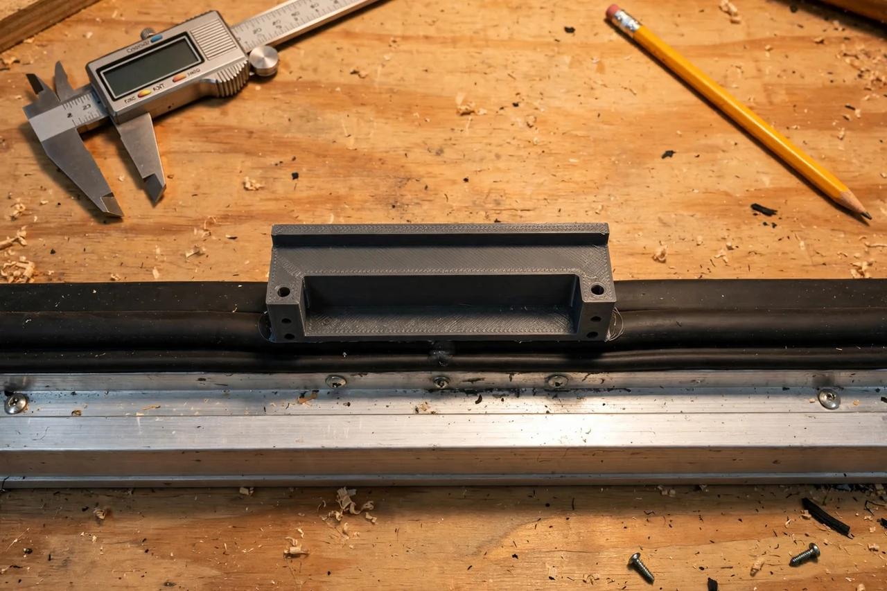 Close-up top-down view of a matte charcoal-gray 3D printed garage door seal guide being test-fitted against a garage door seal and a door bottom on a workbench, calipers and a pencil nearby, warm workshop lighting