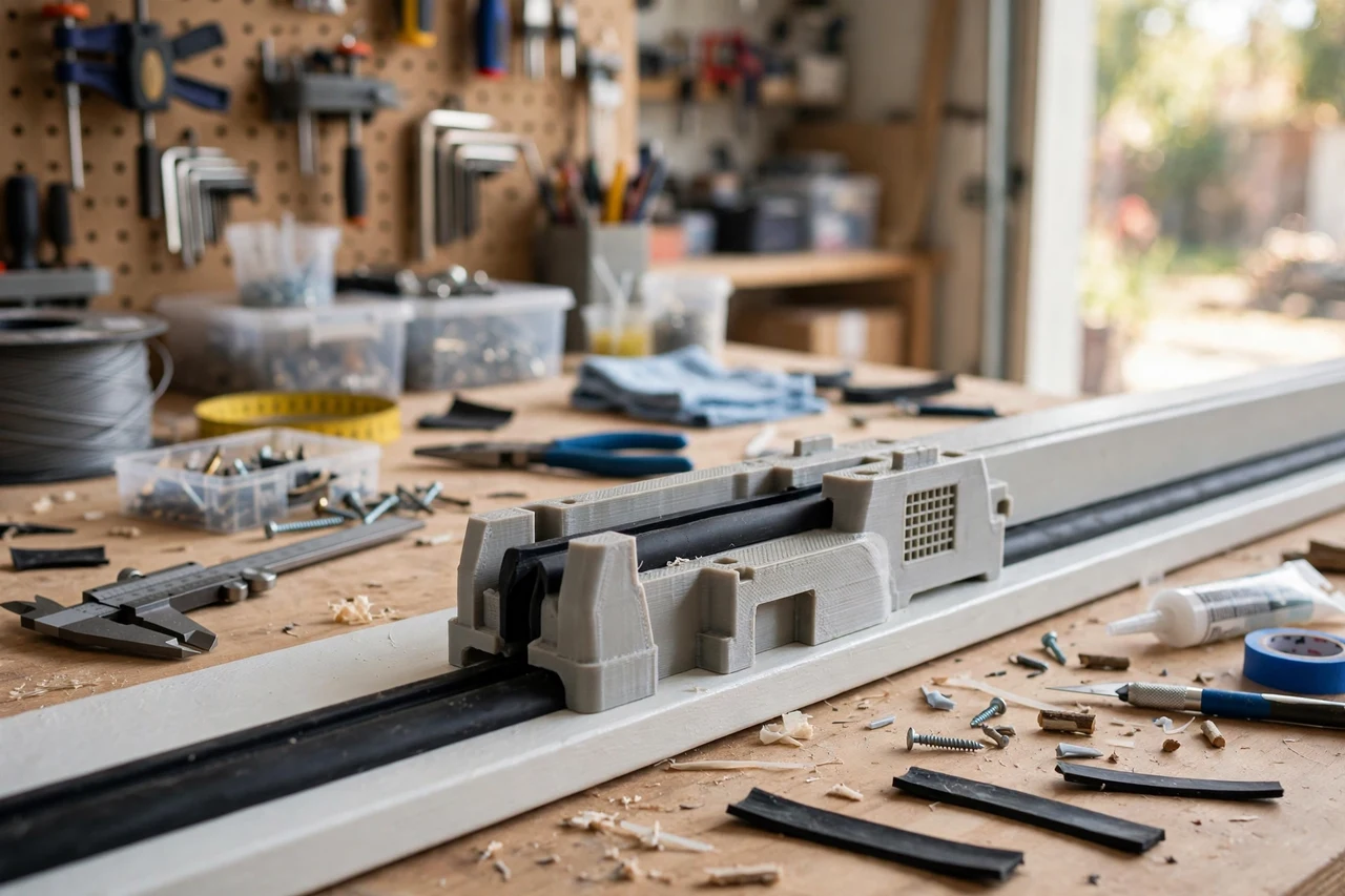 View of the finished 3D printed garage door seal guide in use on a home improvement project on a workbench, tidy workshop background in soft focus, bright natural light