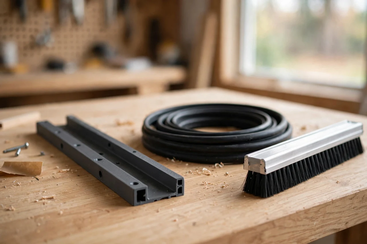 Home workshop scene on a light oak workbench, a matte charcoal-gray 3D printed garage door seal guide beside a garage door seal and a door bottom, soft natural window light, shallow depth of field