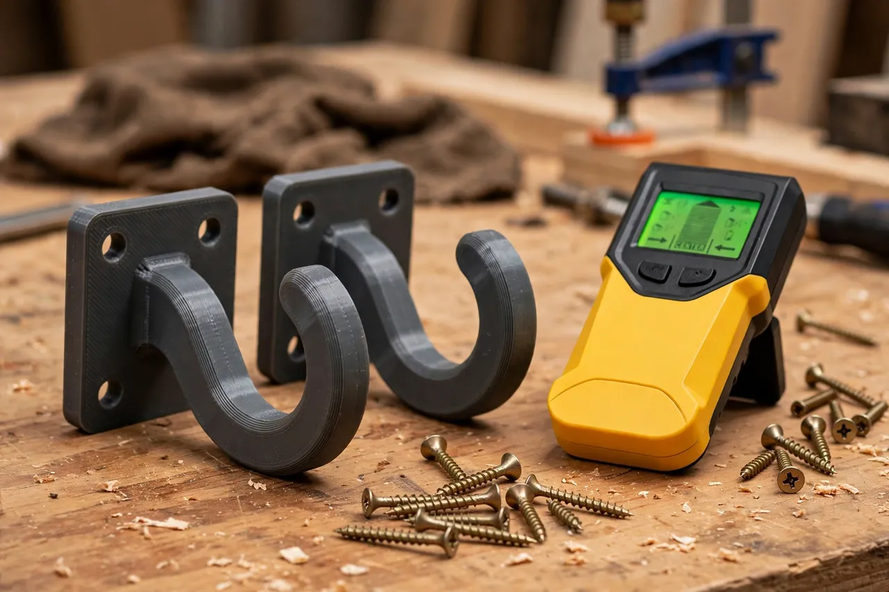 Close-up on a workbench of two 3D printed garage hooks in dark gray beside wood screws and a stud finder