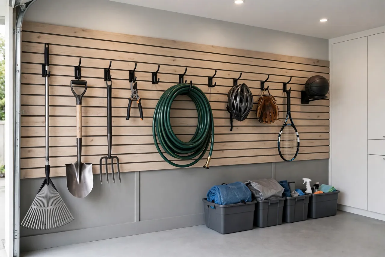 A finished garage wall with a row of printed hooks holding garden tools, a hose coil, and sports gear, clean organized garage interior