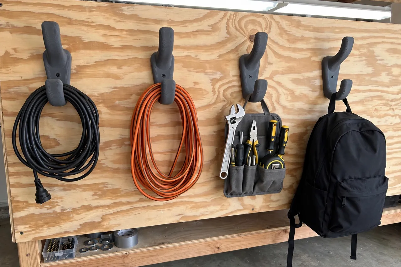 A tidy garage wall scene, several matte charcoal-gray 3D printed hooks screwed to a plywood wall holding coiled extension cords