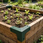 A sunny garden scene, a wooden raised garden bed with matte dark green 3D printed corner brackets joining its boards at the corners