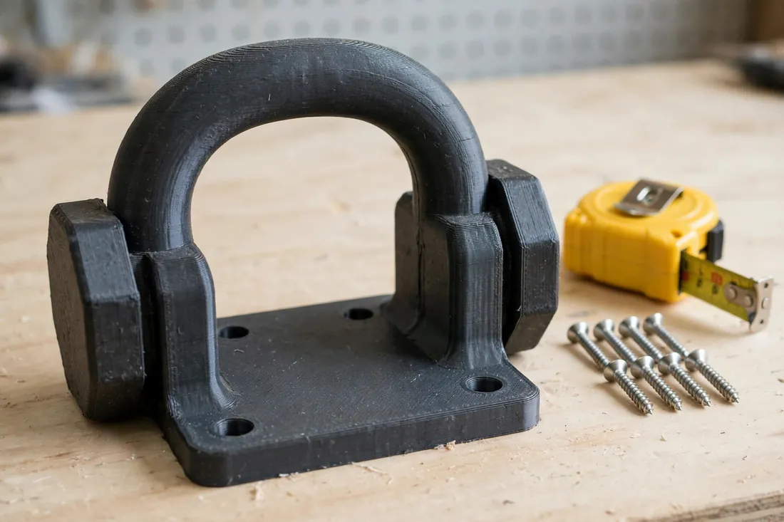 Close-up view of a heavy-duty 3D printed hose hanger on a light workbench, showing its wide rounded saddle