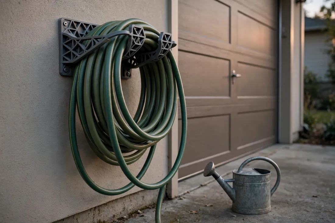 Side view of a garden hose coiled in generous smooth loops resting on a wall-mounted 3D printed holder beside a garage door