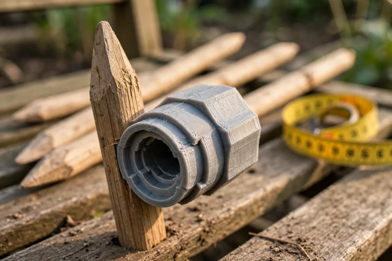Close-up view of a 3D printed garden stake adapter being slid over the end of a wooden garden stake on a garden bench