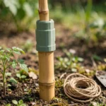 A bright sunny garden scene, a matte sage-green 3D printed garden stake adapter sleeve joining two bamboo canes of different diameters beside a young