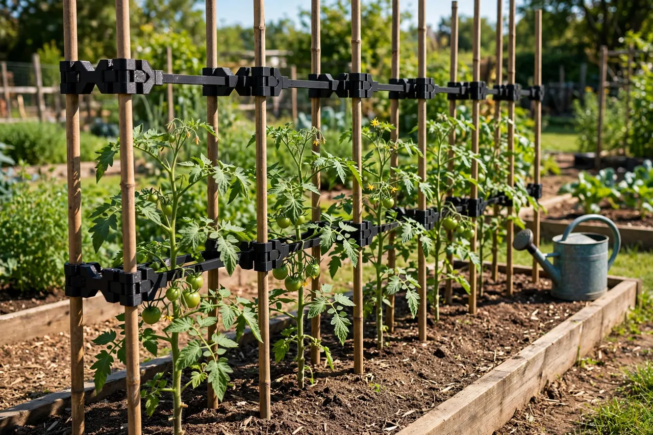 A finished row of garden plants supported by stakes joined with printed adapters, standing straight and even in a vegetable bed