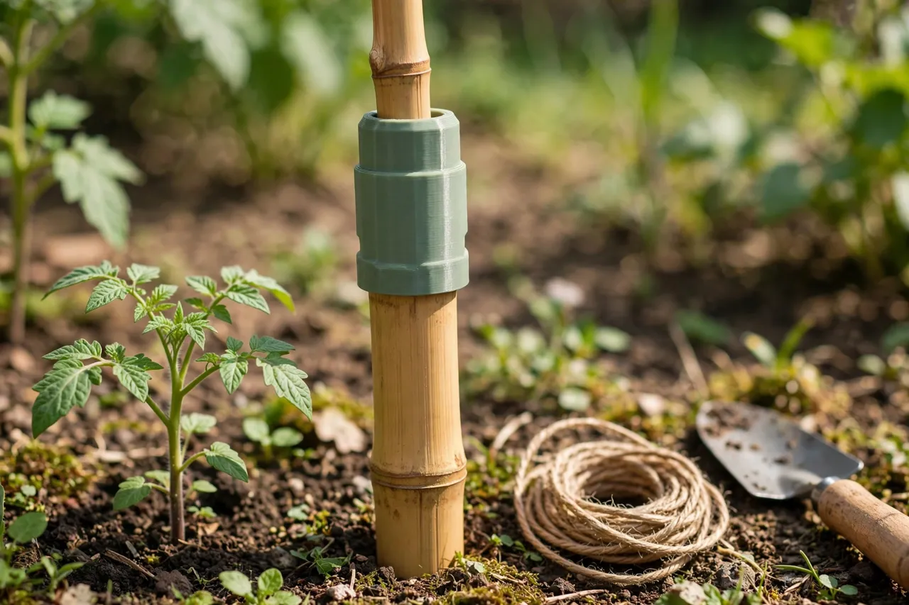 A bright sunny garden scene, a matte sage-green 3D printed garden stake adapter sleeve joining two bamboo canes of different diameters beside a young