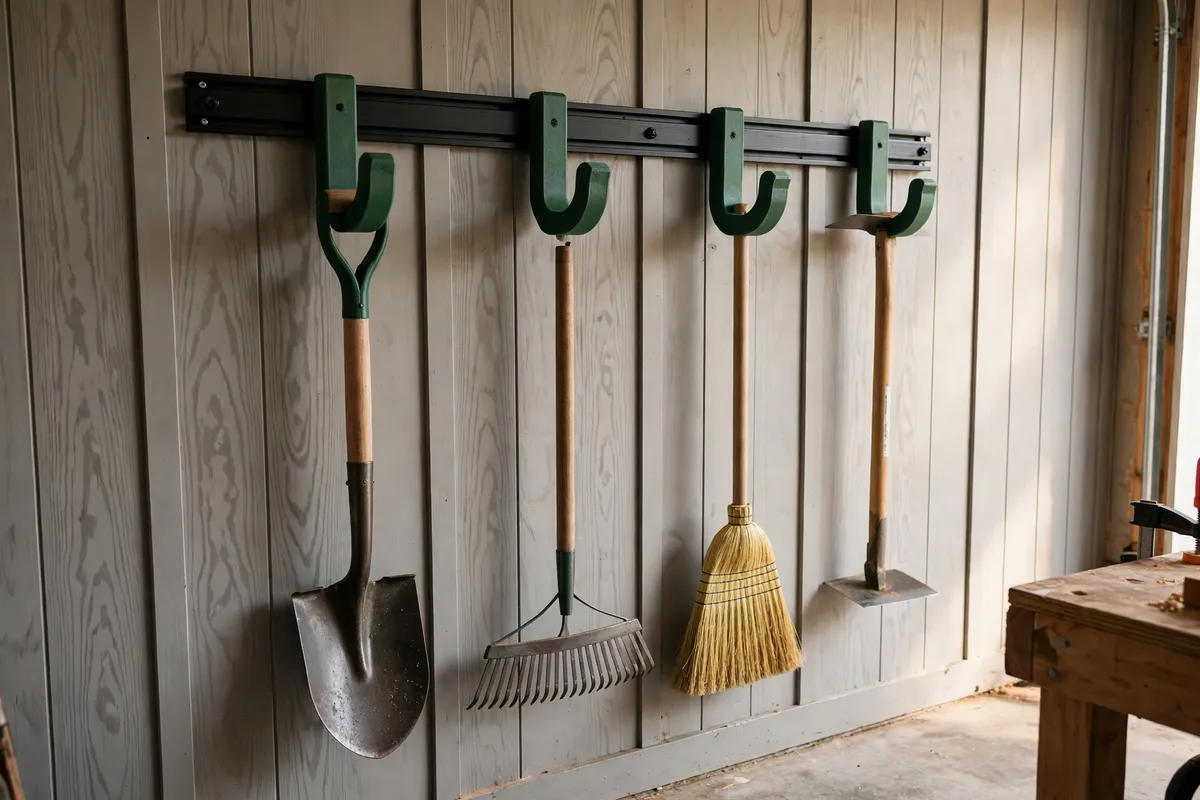 A tidy garage wall with a row of matte forest-green 3D printed heavy-duty hooks on a mounting rail, holding a shovel, a garden rake