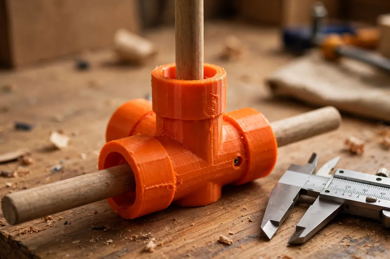 Close-up of a bright-orange 3D printed three-way trellis connector with wooden dowels pushed into each socket
