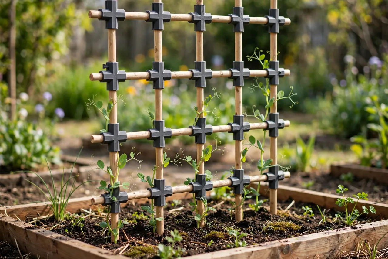 A finished garden trellis built from wooden dowels and charcoal-gray printed connectors standing in a raised garden bed with young climbing plants