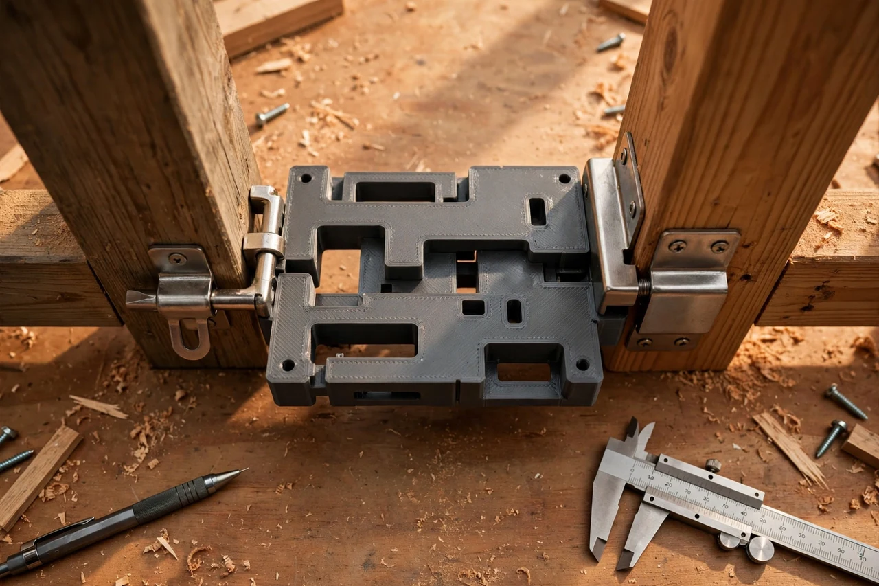 Close-up top-down view of a matte charcoal-gray 3D printed gate latch alignment jig being test-fitted against gate latches and gate posts on a workbench, calipers and a pencil nearby, warm workshop lighting