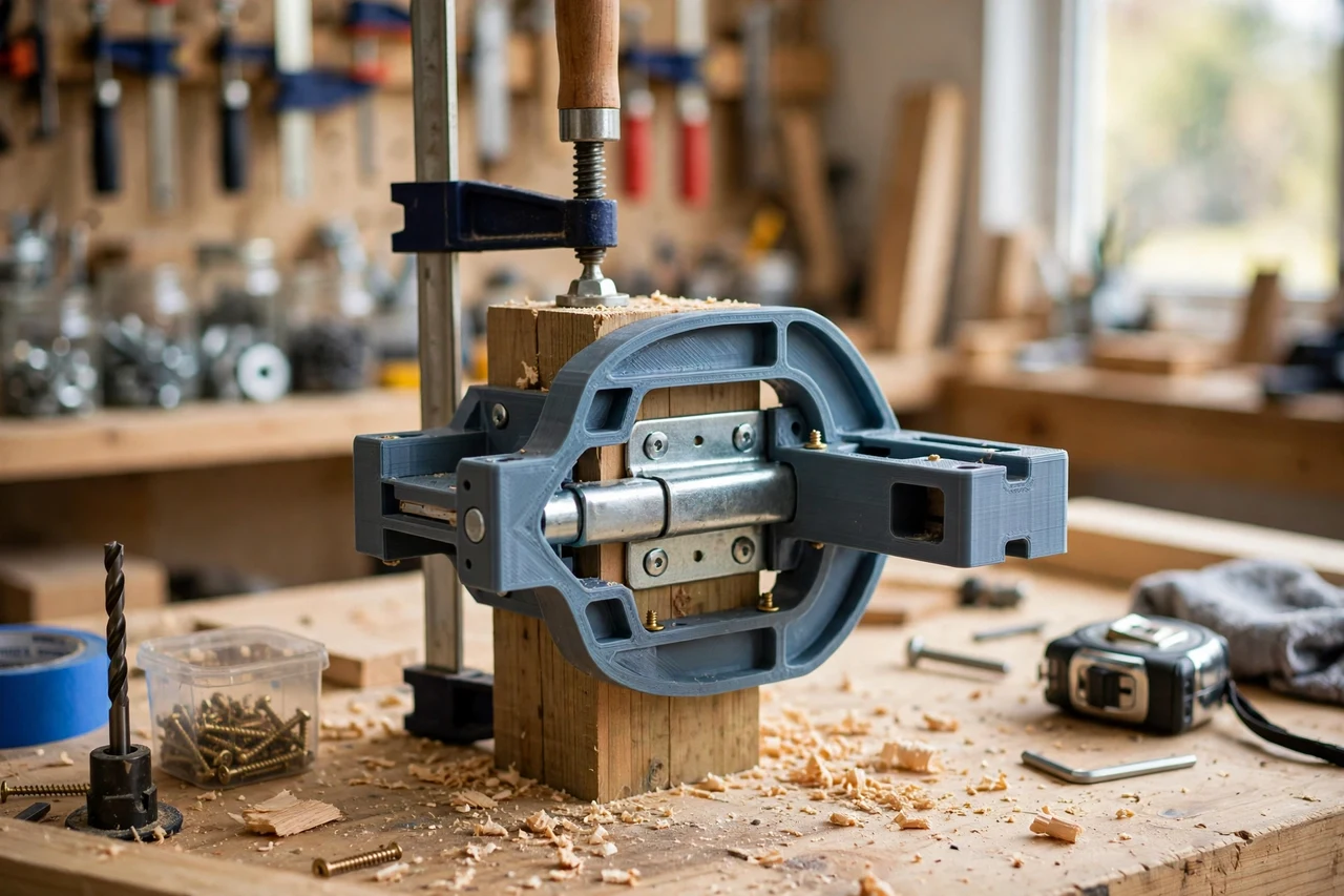 View of the finished 3D printed gate latch alignment jig in use on a home repair project on a workbench, tidy workshop background in soft focus, bright natural light