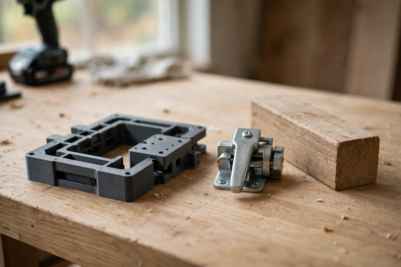 Home workshop scene on a light oak workbench, a matte charcoal-gray 3D printed gate latch alignment jig beside a gate latch and a gate post section, soft natural window light, shallow depth of field