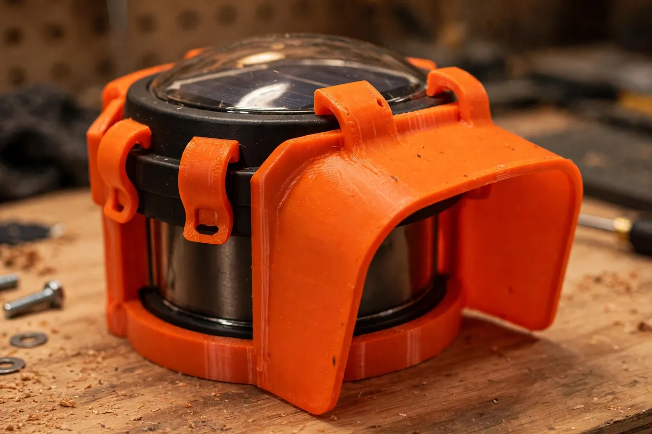 Close-up of a bright-orange 3D printed glare shield clipped around the head of a sealed solar pathway light on a workbench