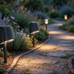 A garden path at dusk lined with solar pathway lights